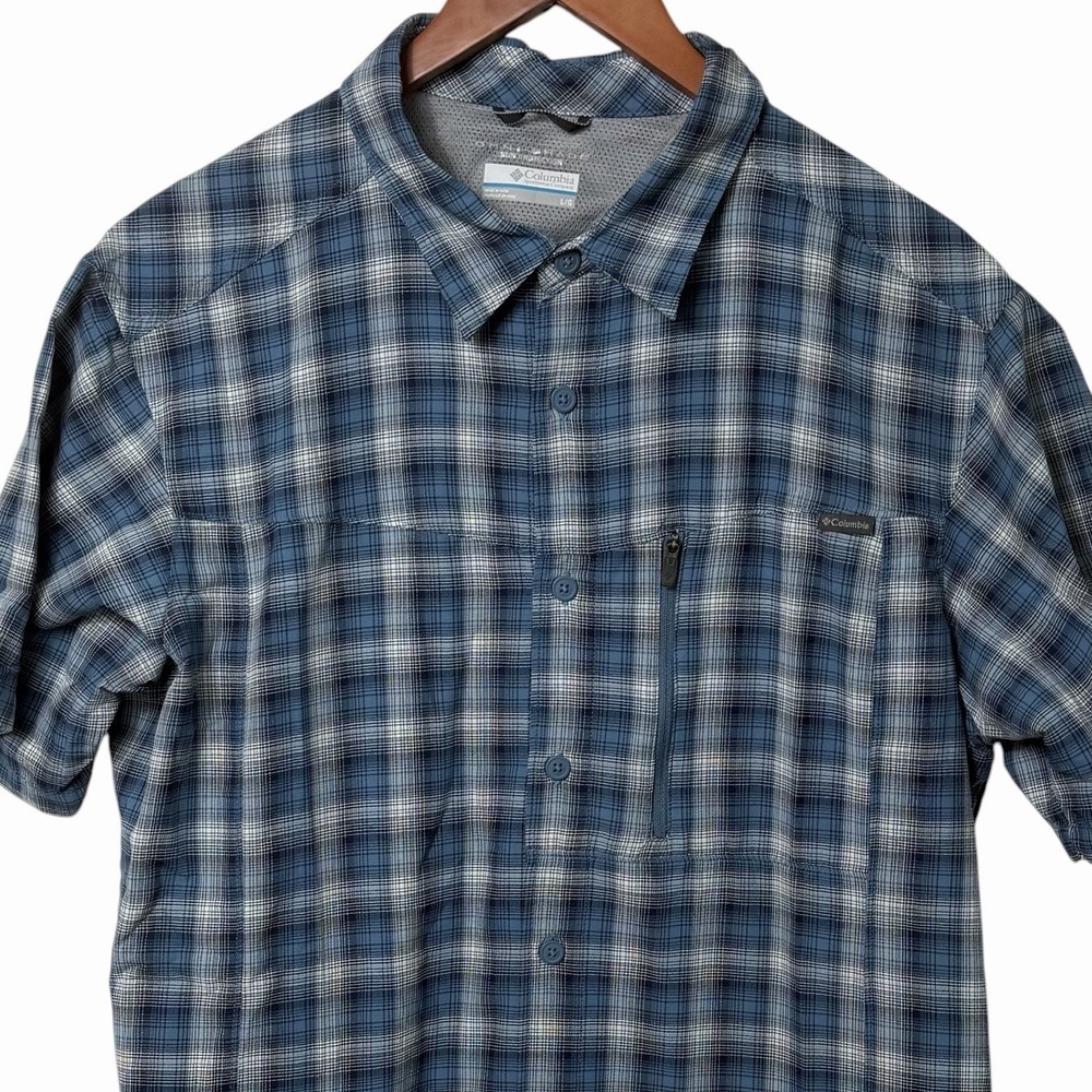 Columbia Mens L Blue Plaid Omni Shade Shirt Short Sleeve‎ Outdoor Fishing Hiking